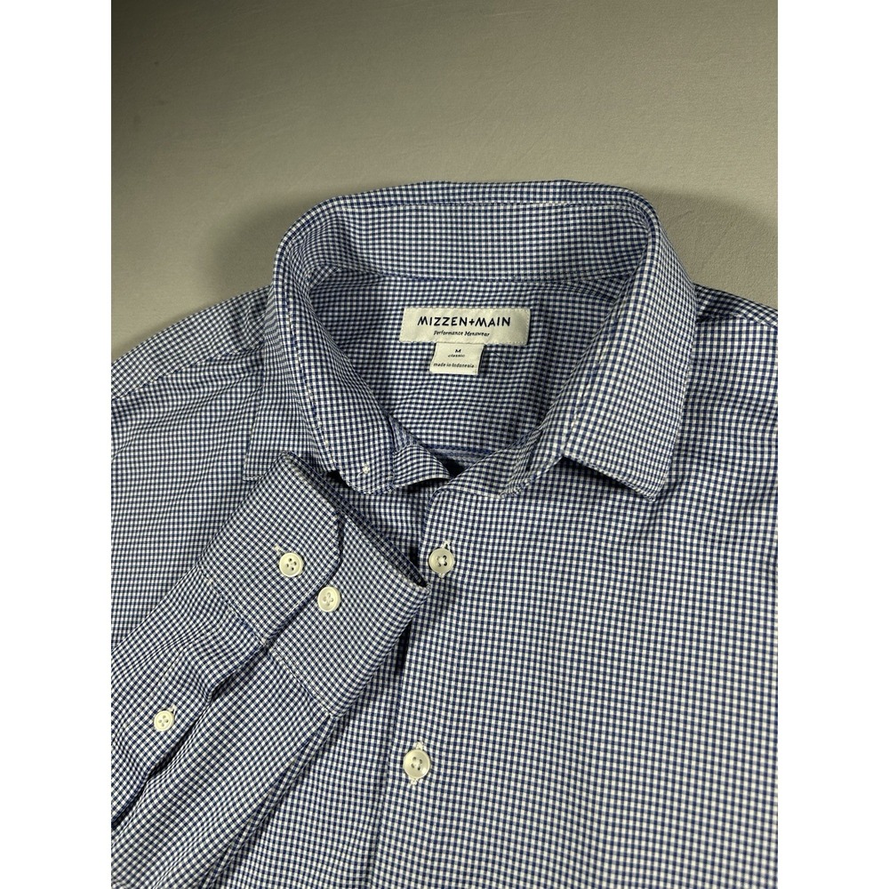 Mizzen+Main Mens Medium Blue Gingham Check Performance‎ Dress Shirt Classic